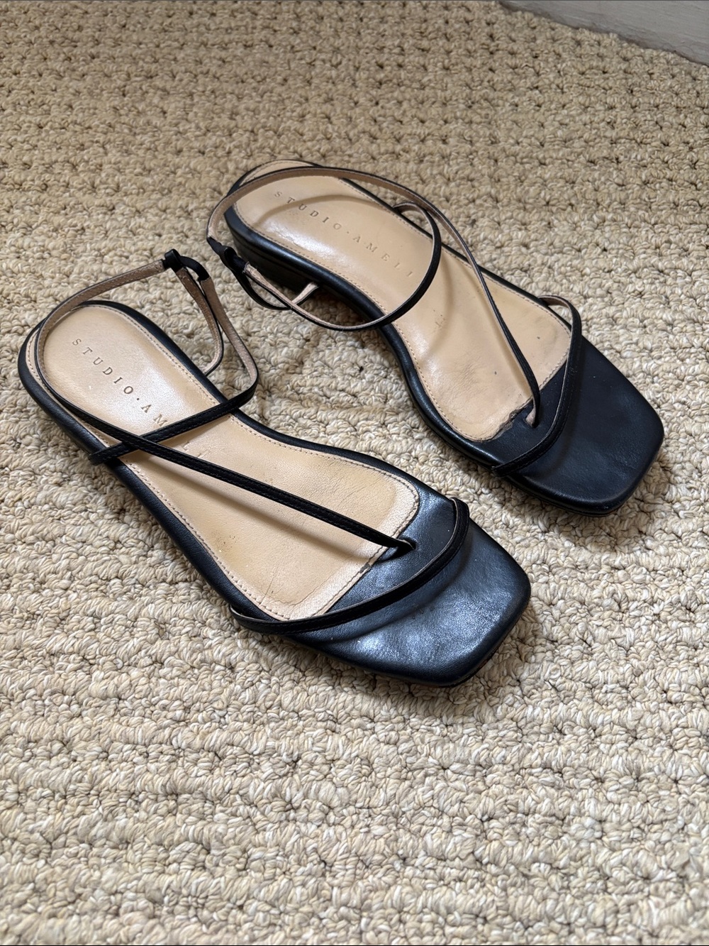Studio Amelia Black Leather Minimalist Strap Sandal Square Toe